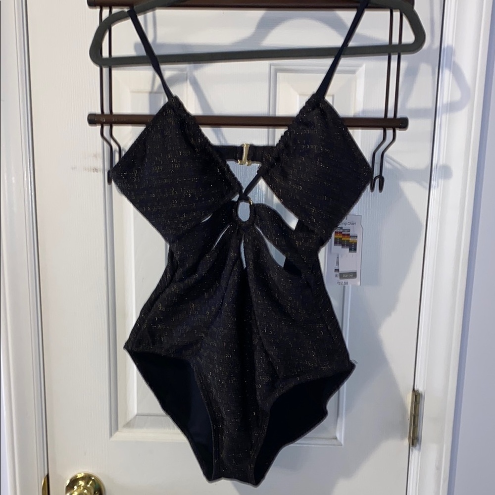 Time and True NWT 1 piece bathing suit. Sz. 8-10, black and gold